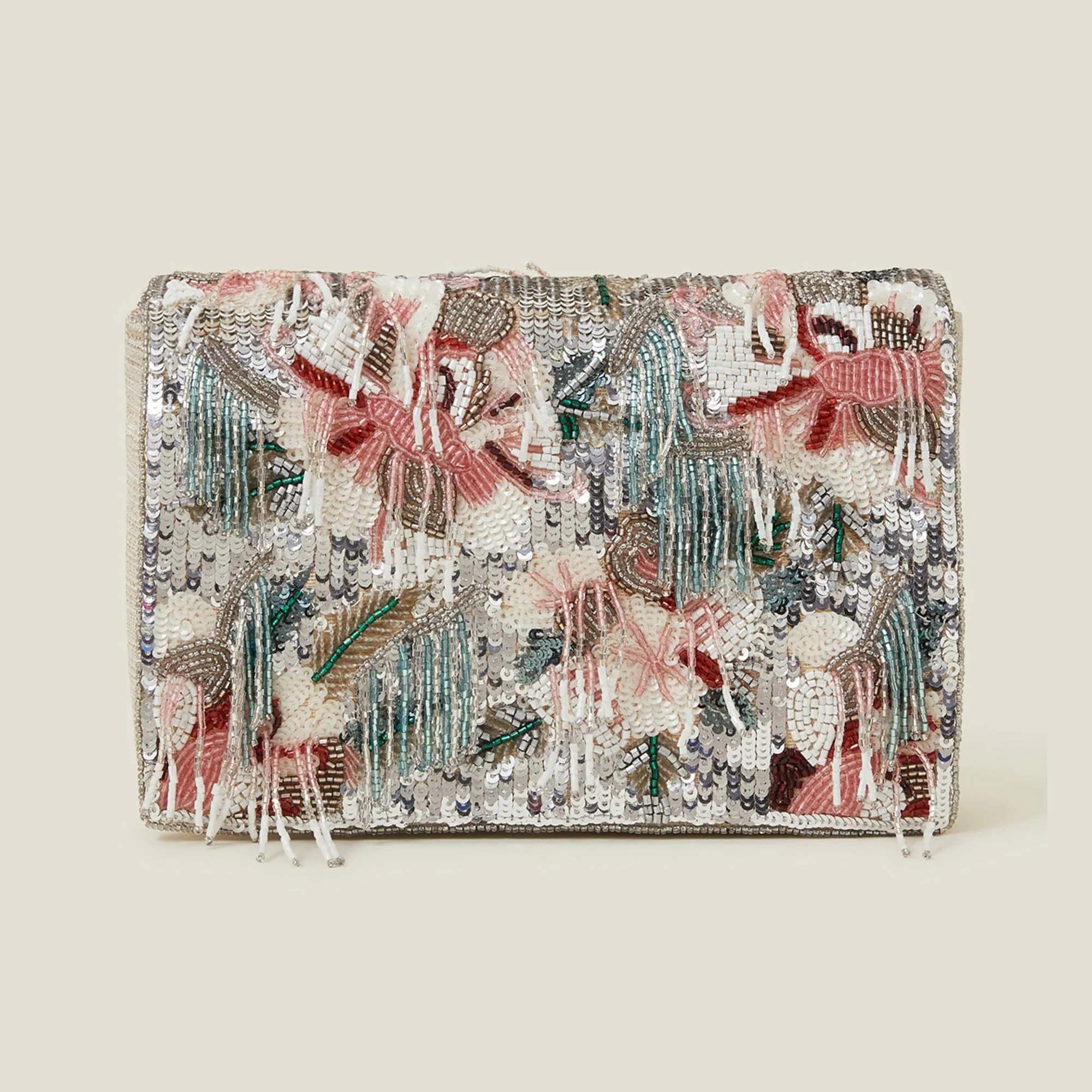 Accessorize London Women's Cream Floral Embroidered Tassel Clutch Bag