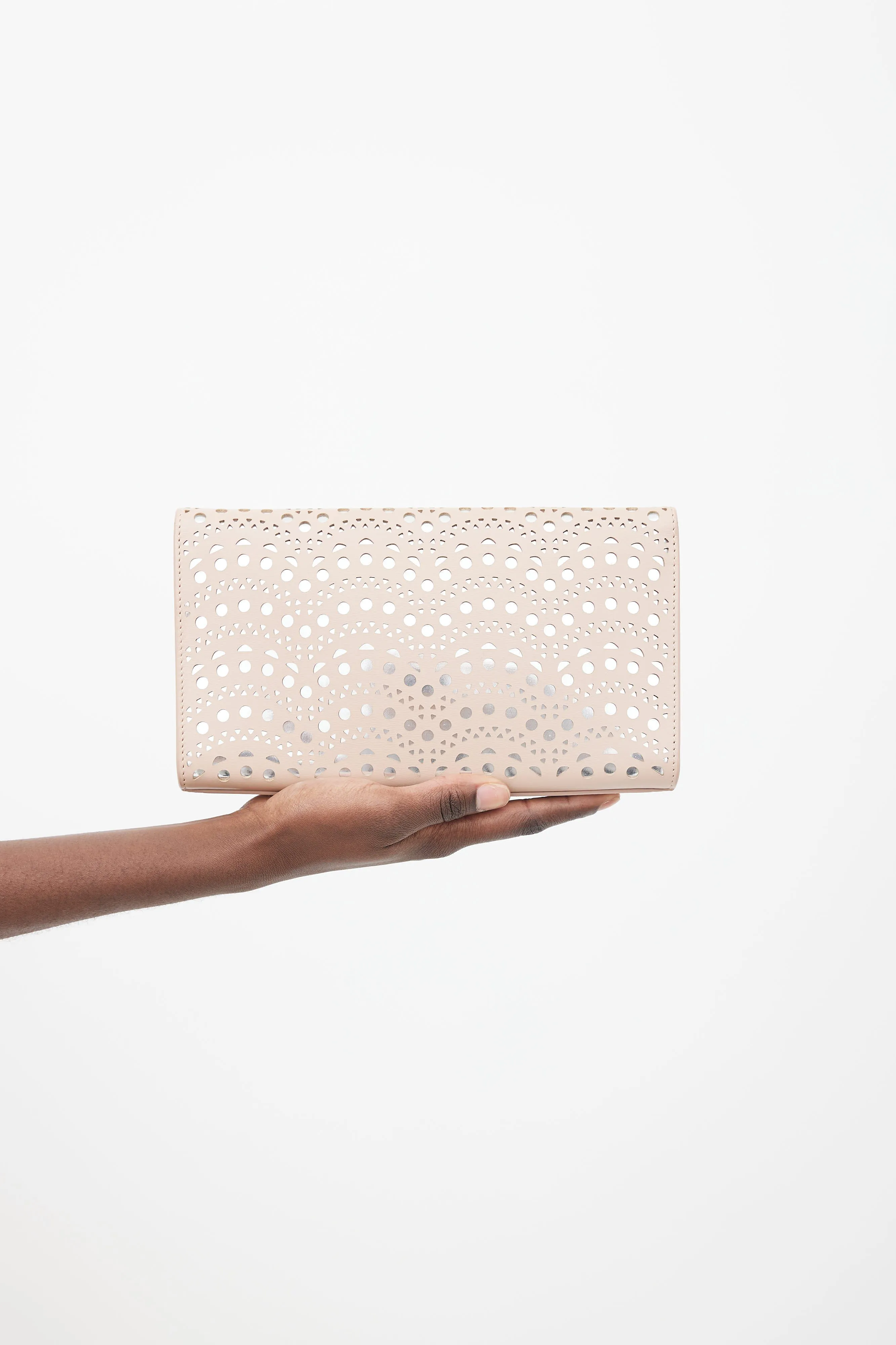 Beige Lazer Cut & Silver-Tone Clutch
