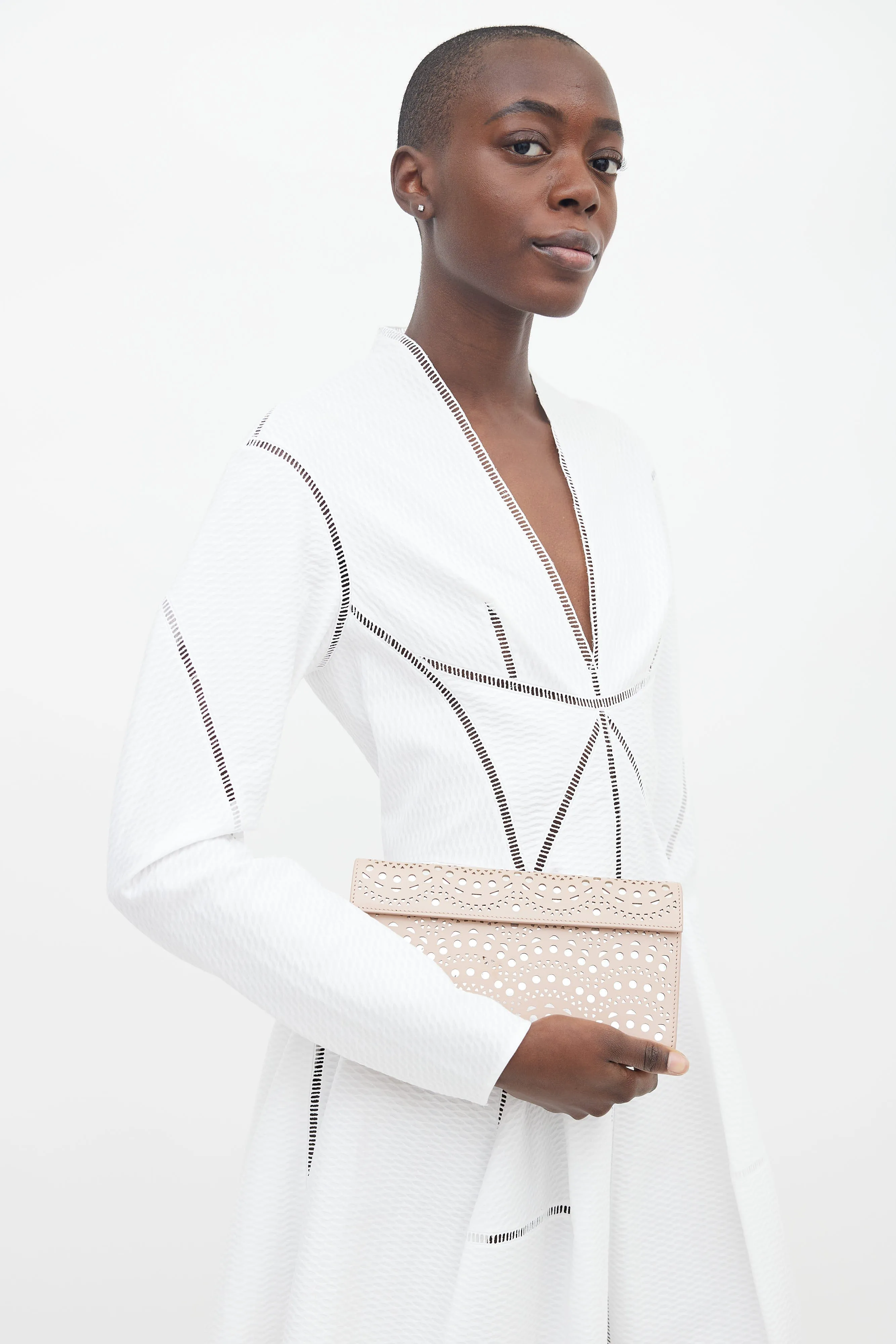 Beige Lazer Cut & Silver-Tone Clutch