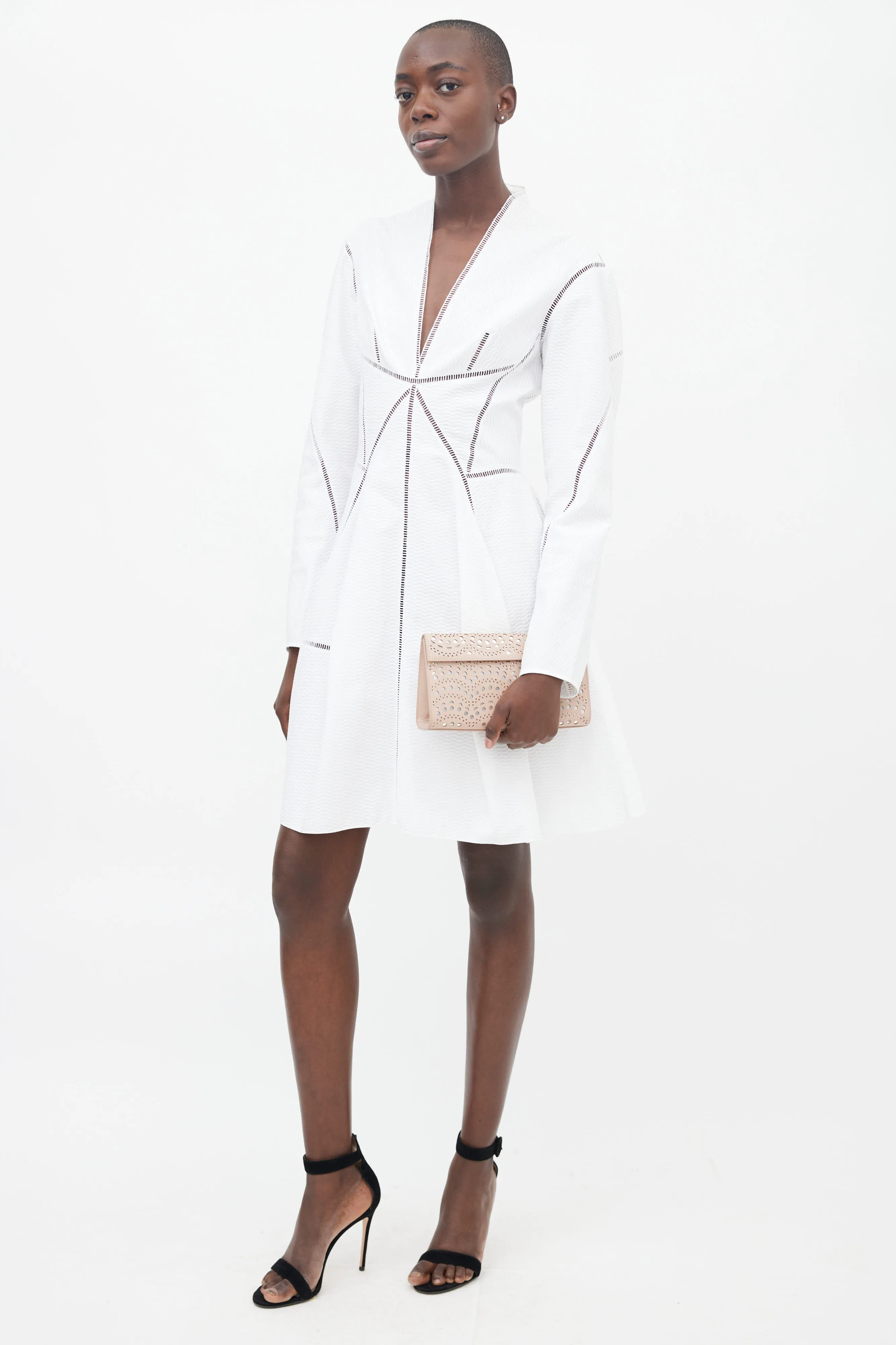 Beige Lazer Cut & Silver-Tone Clutch