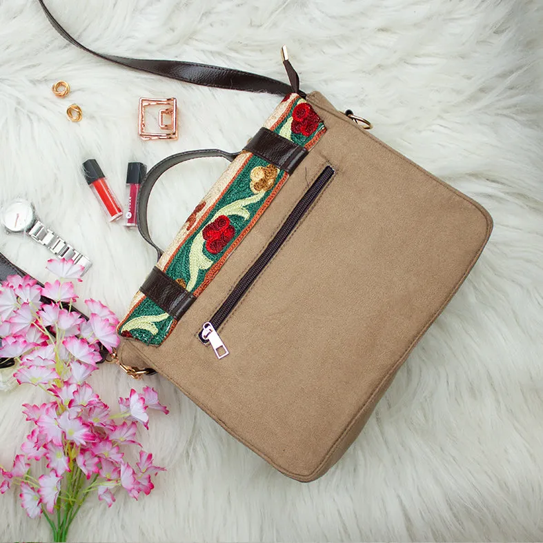 Beige - Silica Hand Embroidery Suede Satchel Sling Bag