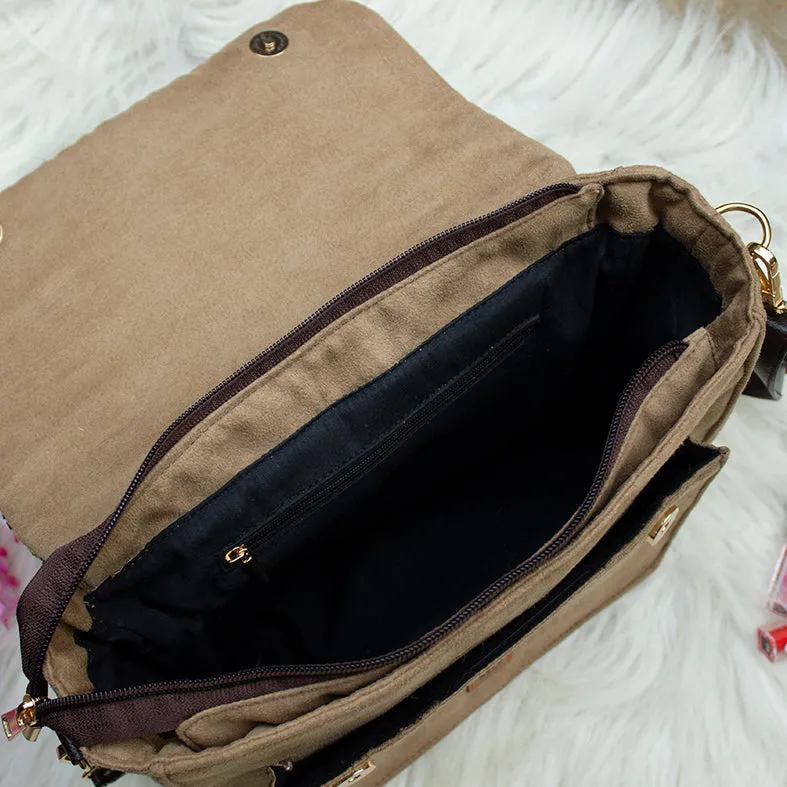 Beige - Silica Hand Embroidery Suede Satchel Sling Bag