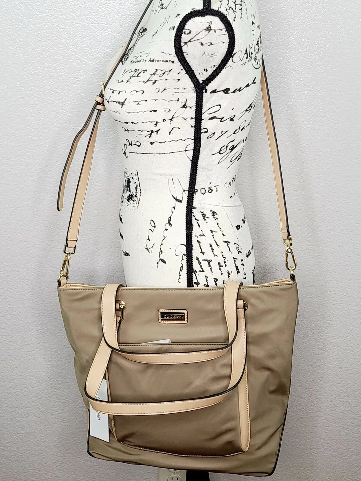 Calvin Klein Women's ABBY Beige Large Nylon Satchel Leather Handle Handbag