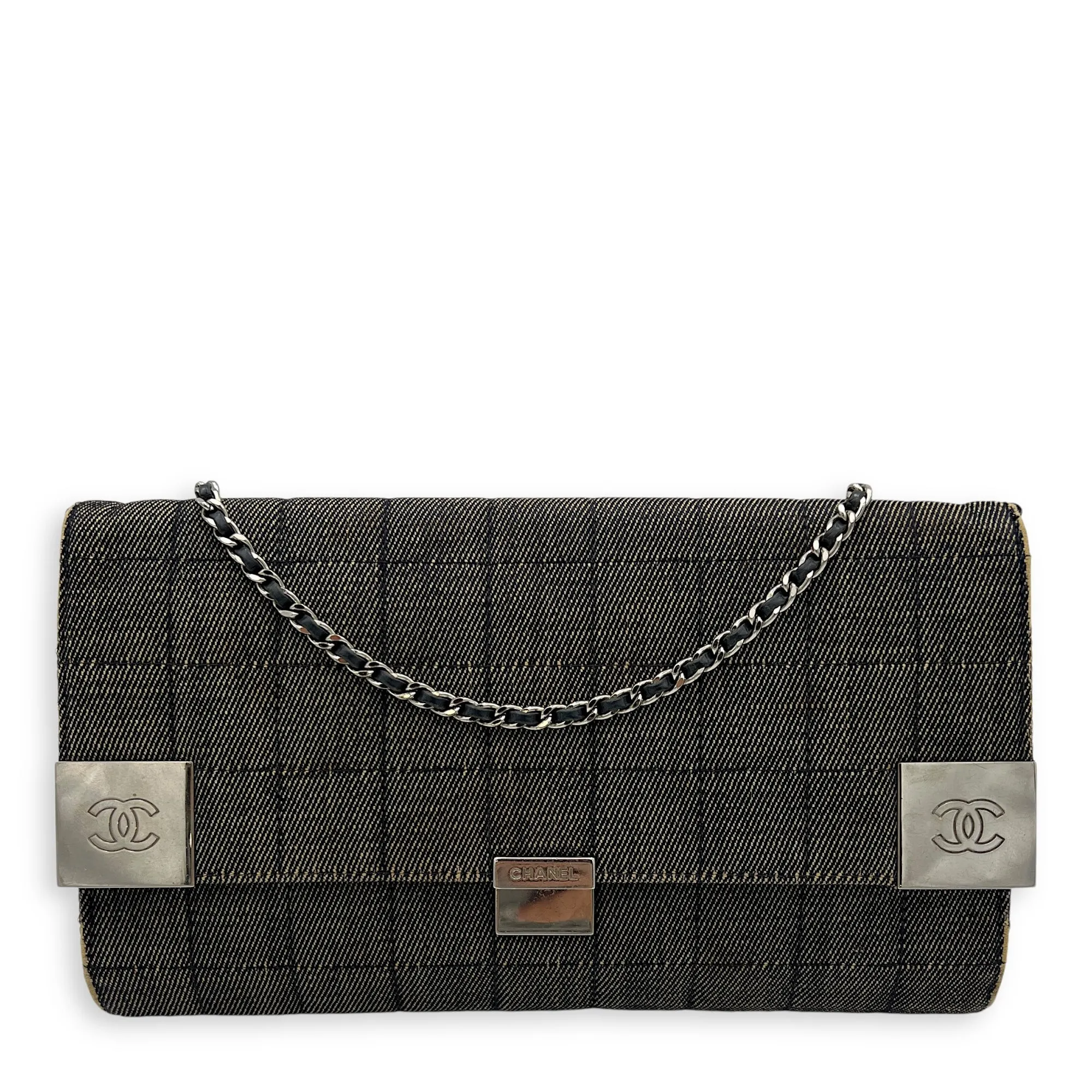 Chocolate Bar Shoulder Bag Brown in Denim, Silver hardware