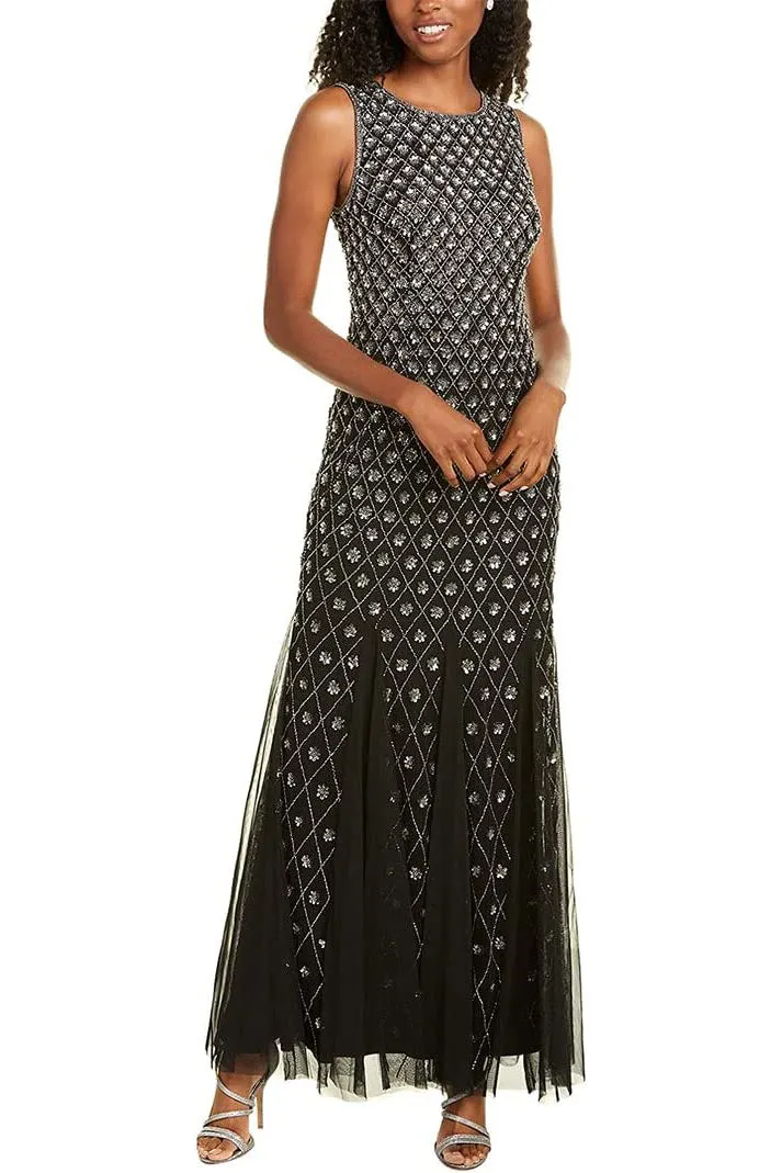Crew Neck Sleeveless Zipper Back Embellished Godet Mesh Dress