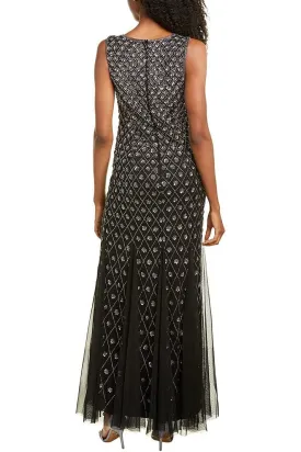 Crew Neck Sleeveless Zipper Back Embellished Godet Mesh Dress