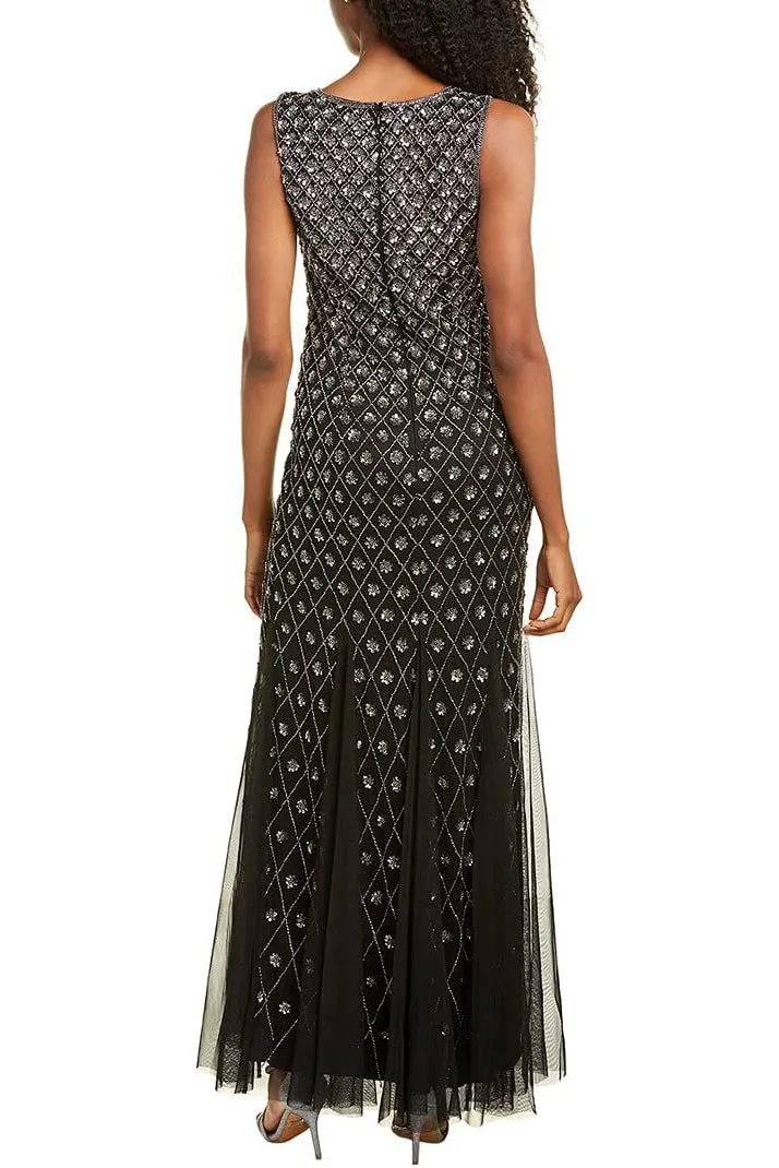 Crew Neck Sleeveless Zipper Back Embellished Godet Mesh Dress