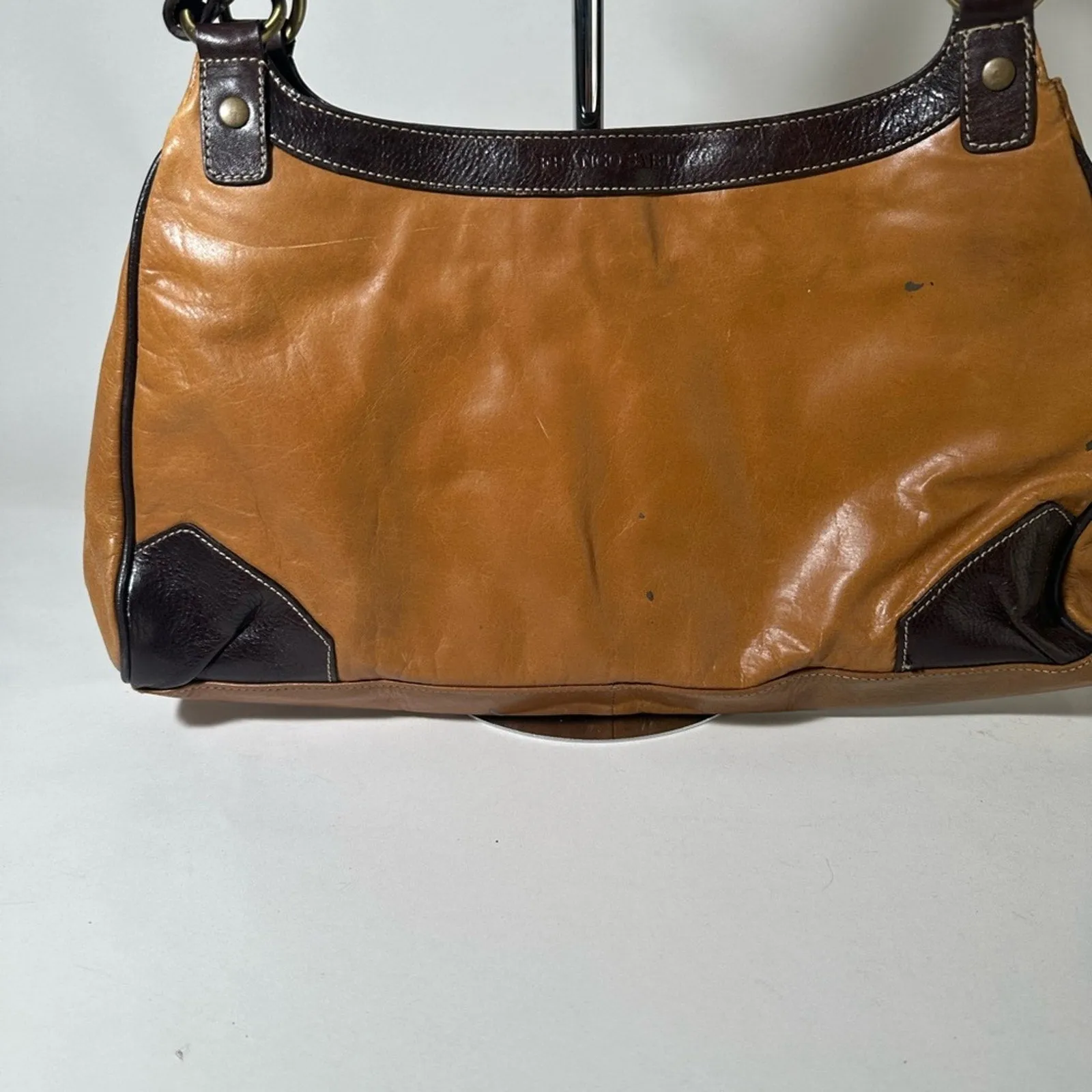 Elegant Brown and Black Leather Shoulder Bag with Adjustable Strap