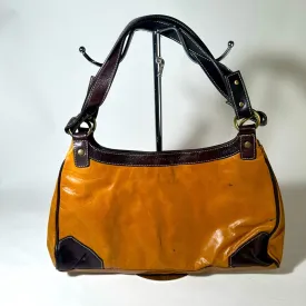 Elegant Brown and Black Leather Shoulder Bag with Adjustable Strap