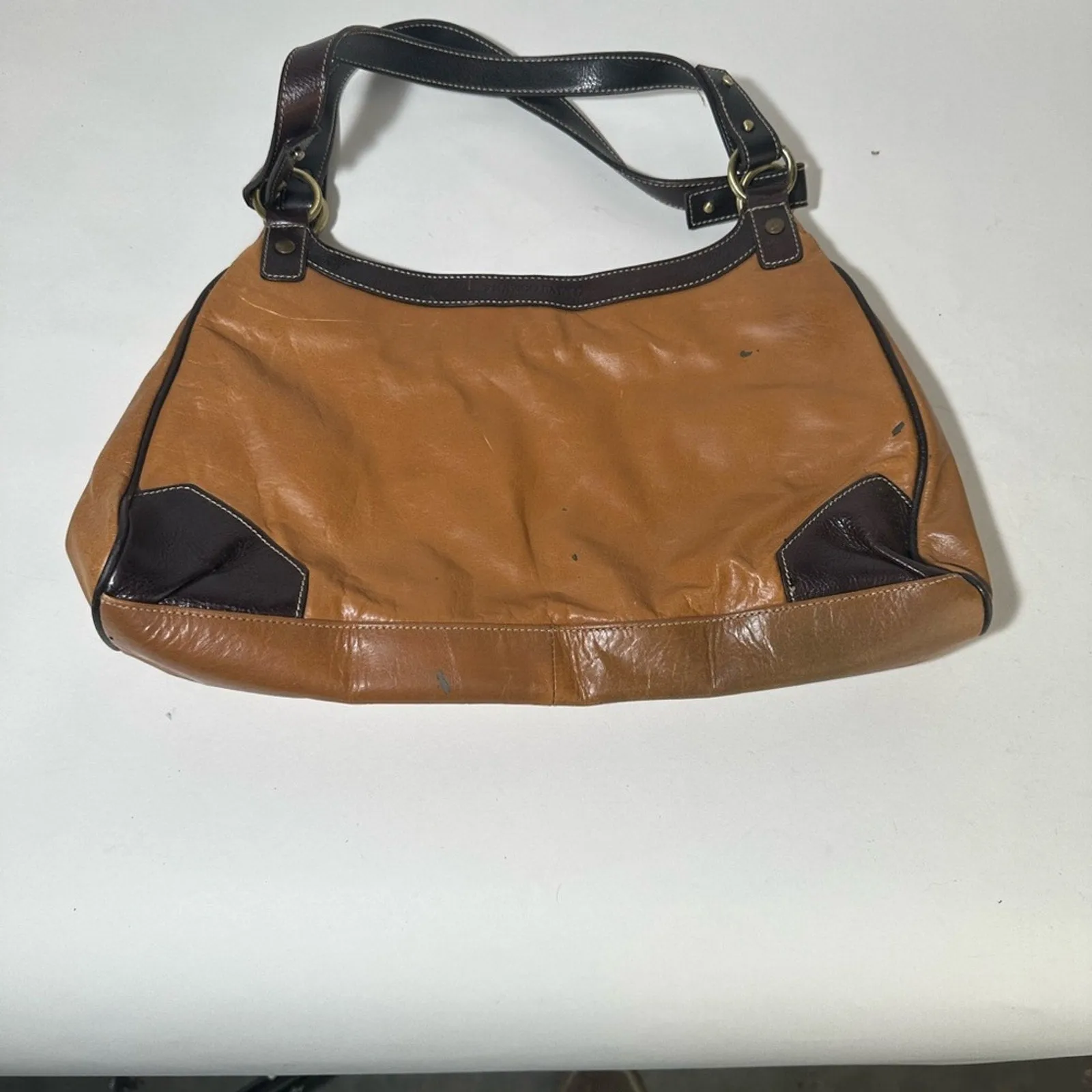 Elegant Brown and Black Leather Shoulder Bag with Adjustable Strap