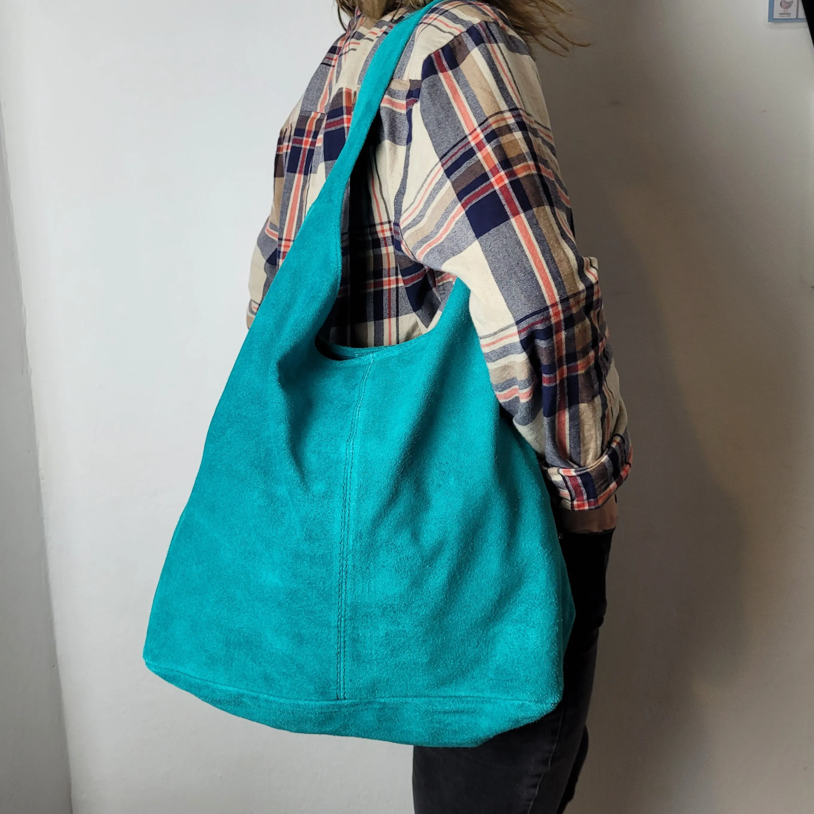 Genuine Suede Red Leather Large Hobo Shopper