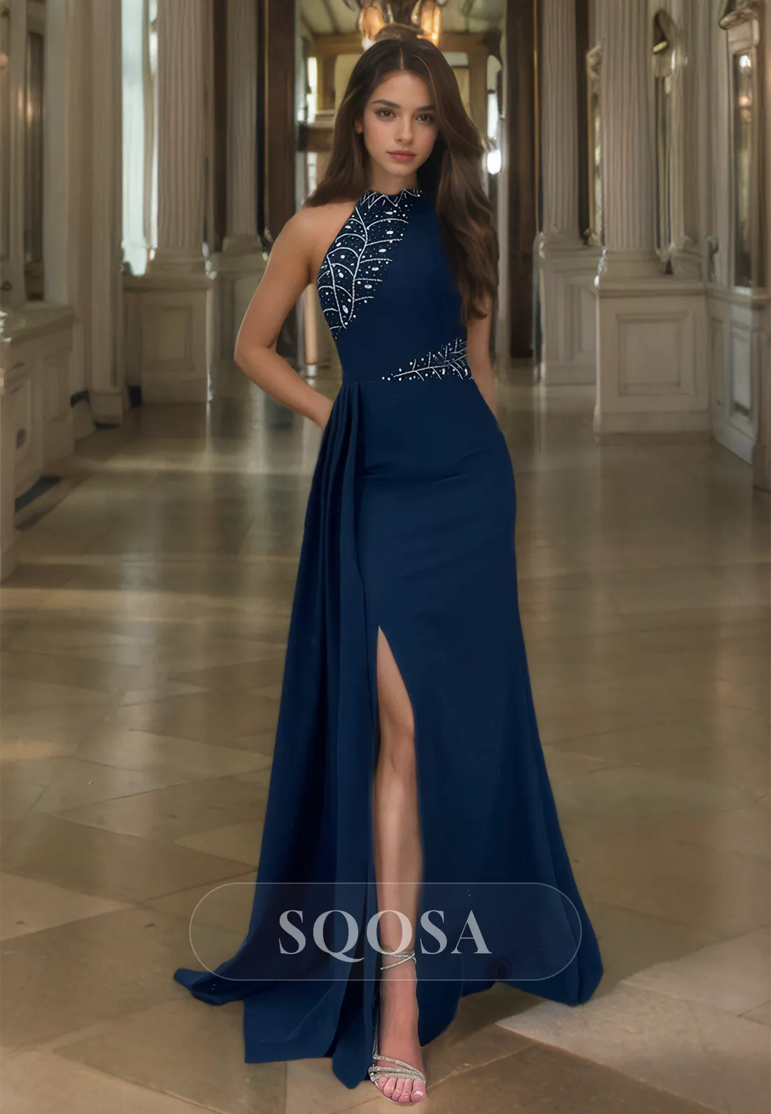 High Scoop-Neck Off-Shoulder Sleeveless Beaded Pleated Floor-Length Mermaid Formal Prom Dress