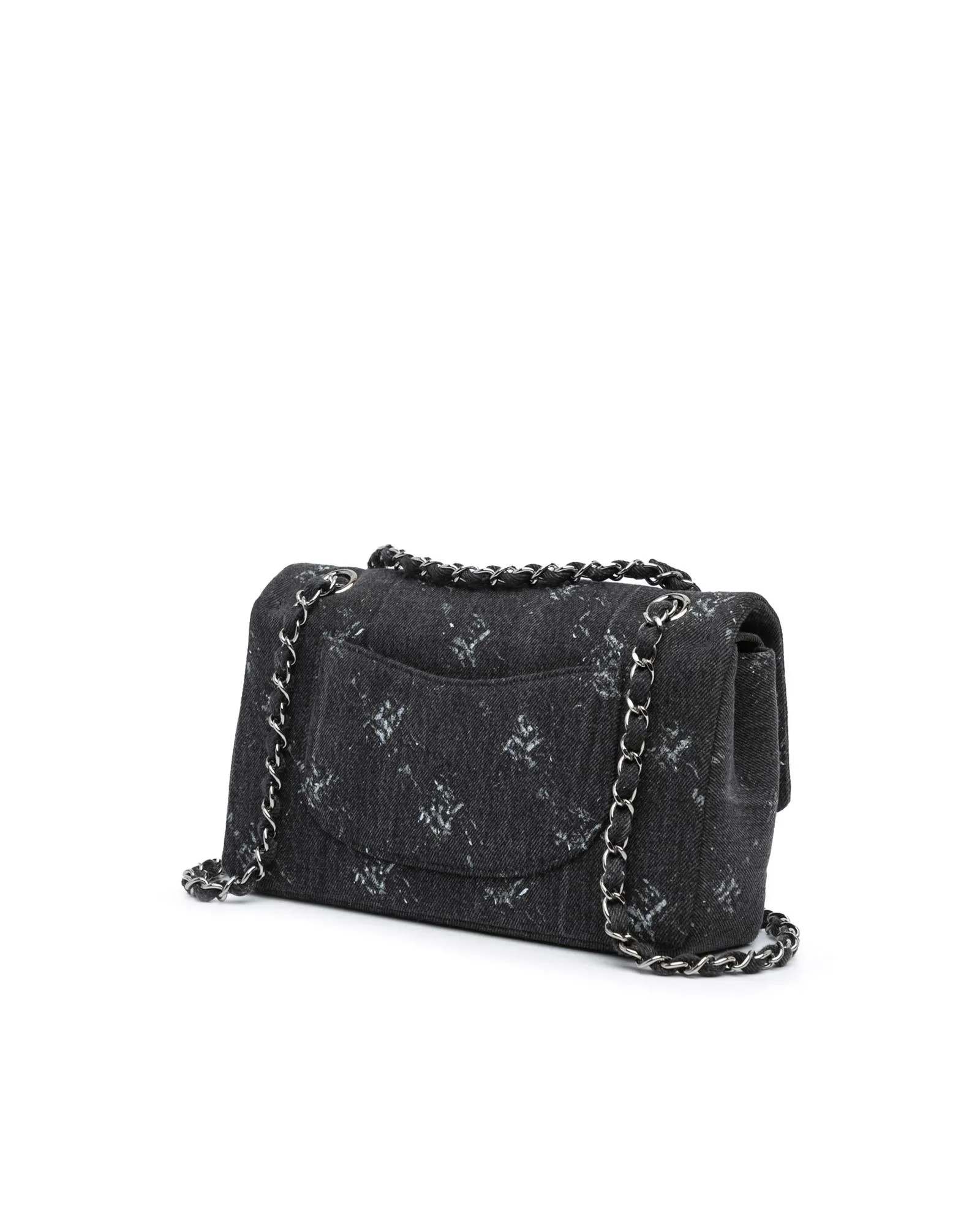 Medium Denim Double Flap Shoulder Bag with Woven Chain Straps