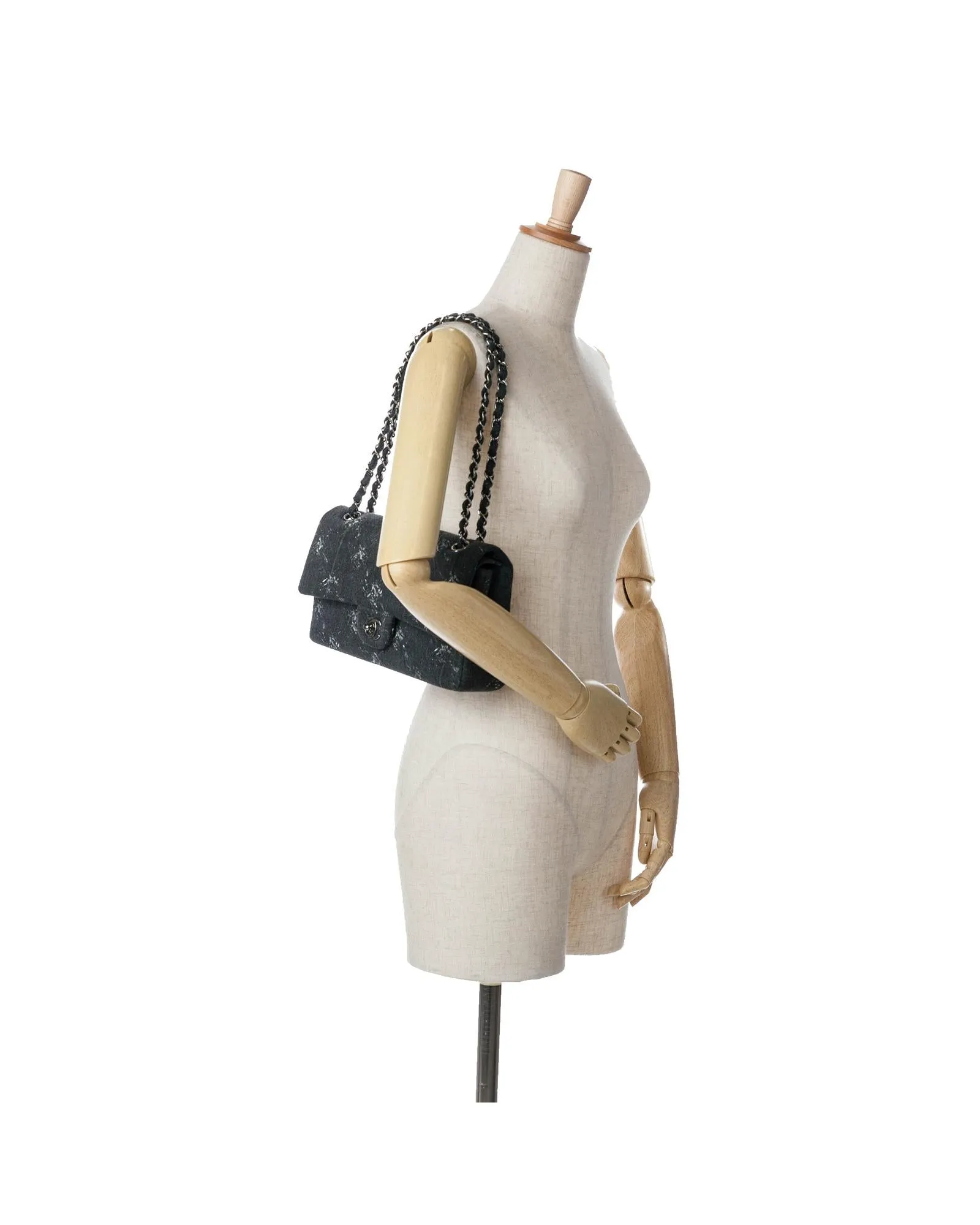 Medium Denim Double Flap Shoulder Bag with Woven Chain Straps