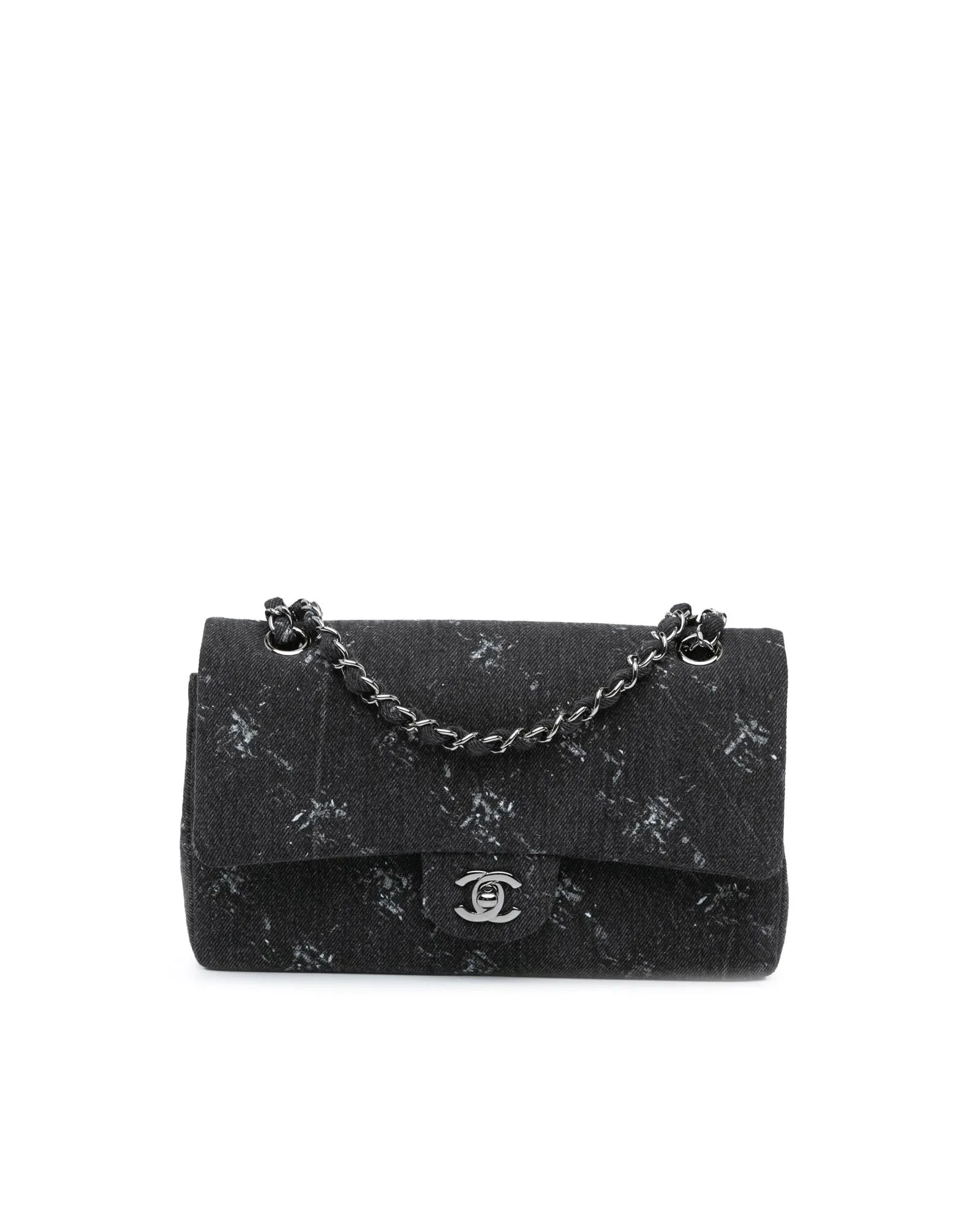 Medium Denim Double Flap Shoulder Bag with Woven Chain Straps