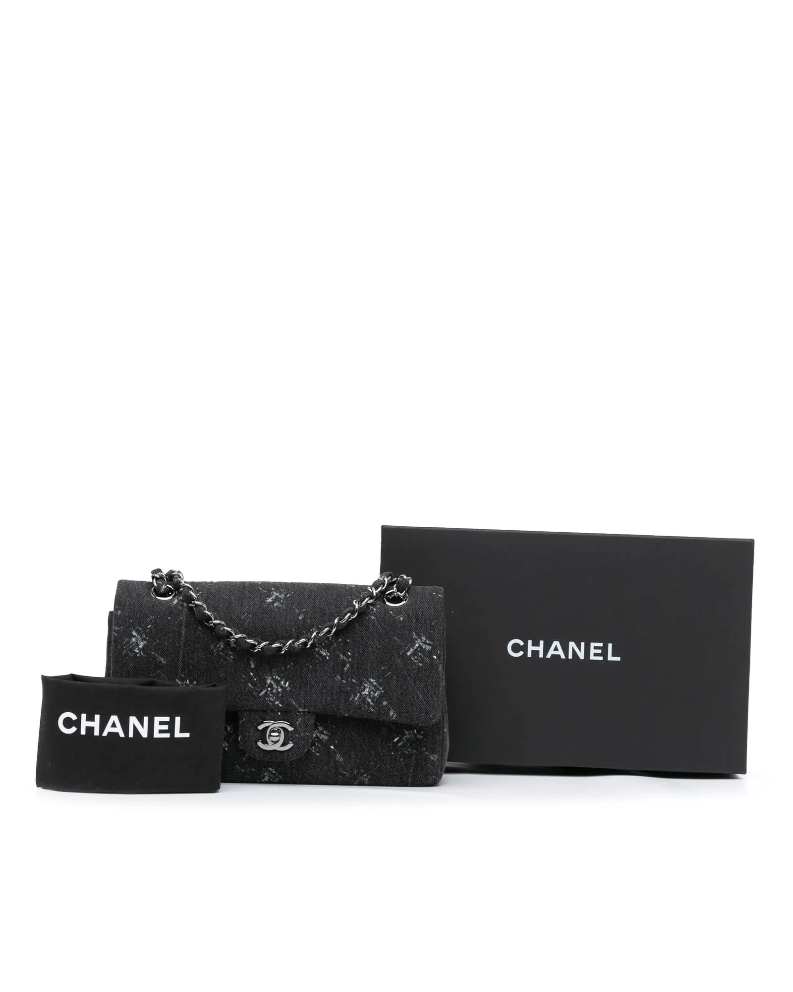 Medium Denim Double Flap Shoulder Bag with Woven Chain Straps