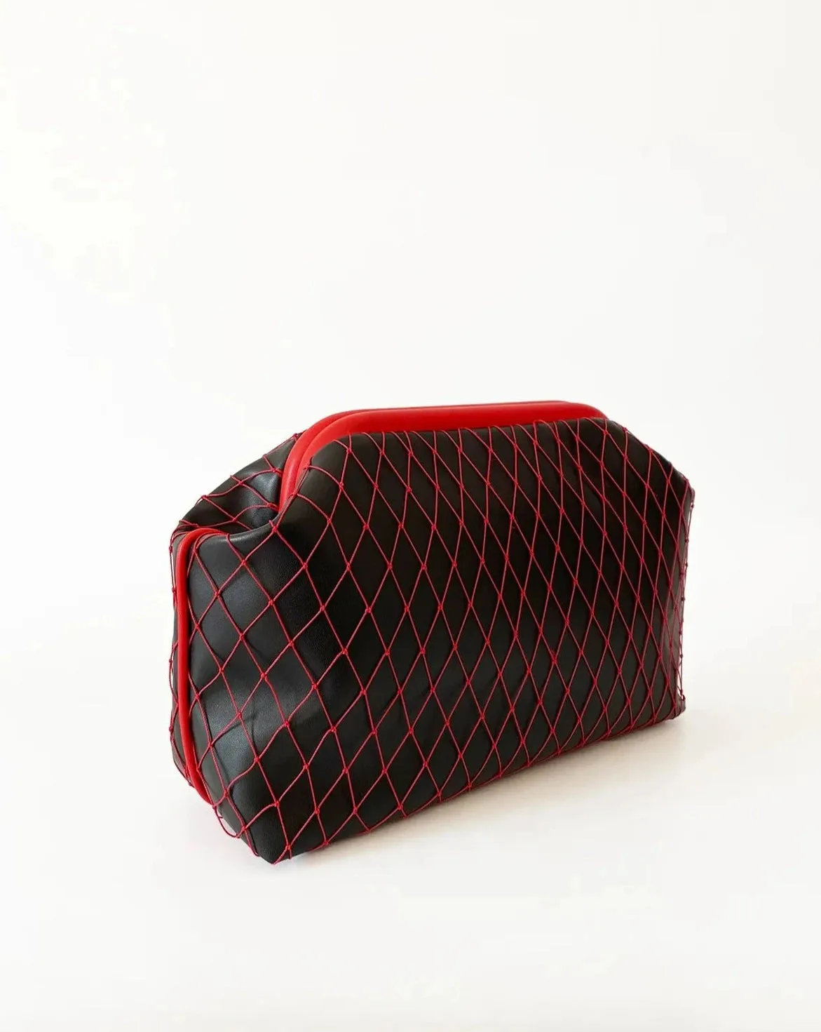 Stylish Black Faux Leather Handbag with Red Mesh Detailing
