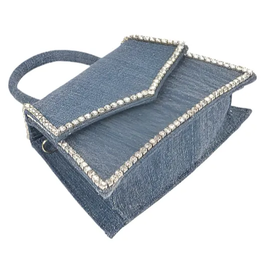 TEEK - Rhinestone Accent Denim Top Handle Clutch Bag